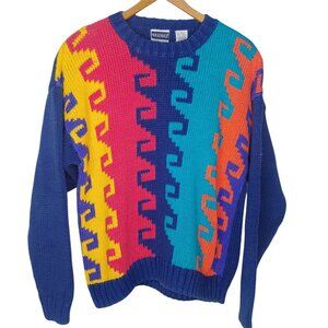 Vintage 90's Nuovo County Seat Woman Small Geometric Sweater Pullover Pink Blue